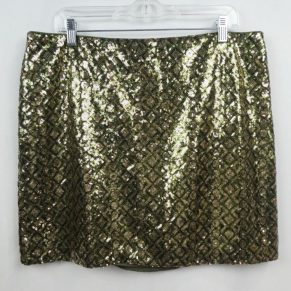 Banana Republic Diamond Geo Sequin Mini Skirt Size 16 Green Gold Metallic Glam‎